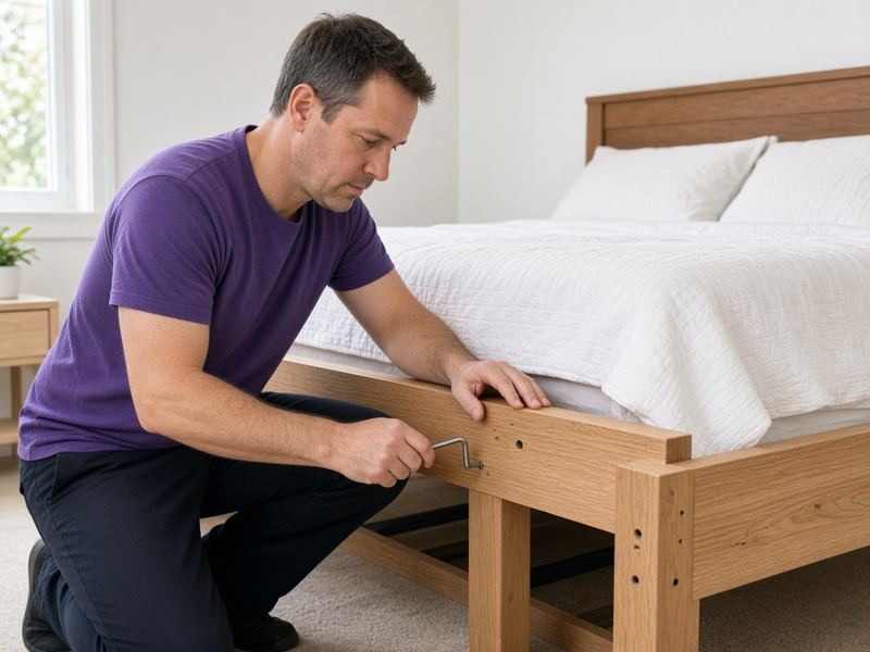 Worker assembling a wooden bed frame with an Allen key