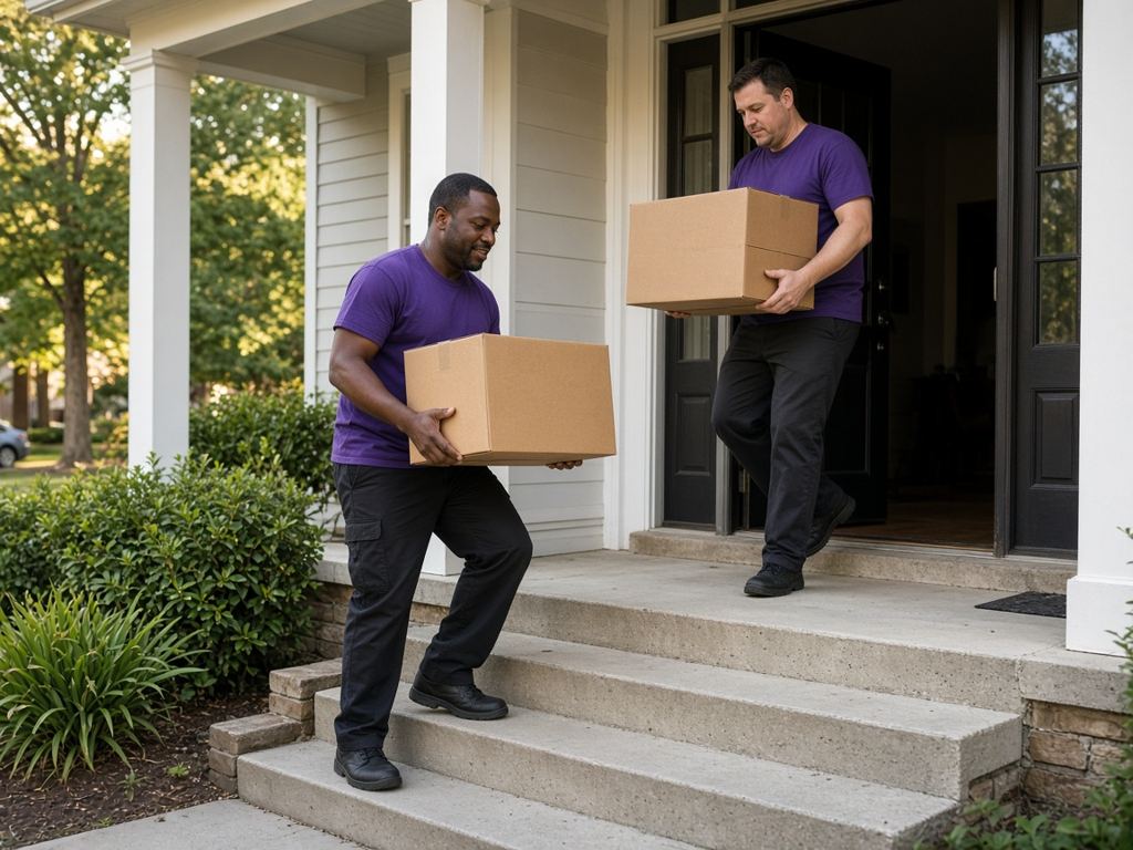 Two movers carrying cardboard boxes up the front steps of a home