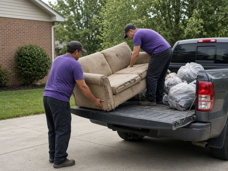 Two workers loading an old couch into a pickup truck