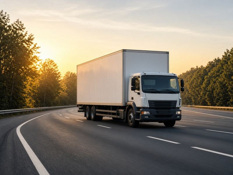 Box moving truck driving on a highway at sunset